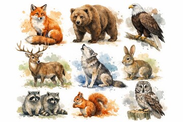 Fototapeta premium SET - Watercolor forest animal collection featuring fox, bear, eagle, deer, wolf, rabbit, raccoons, squirrel, and owl on speckled background for wildlife enthusiasts and nature decor