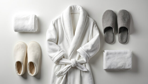 White bathrobe, plush slippers, and folded towels are neatly arranged on a white surface. This clean set suggests comfort and hygiene for personal care or hotel stays.