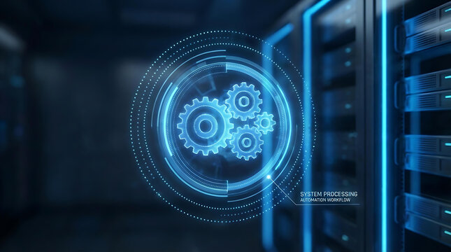 Futuristic server room with glowing blue gear hologram representing system processing and automated workflow