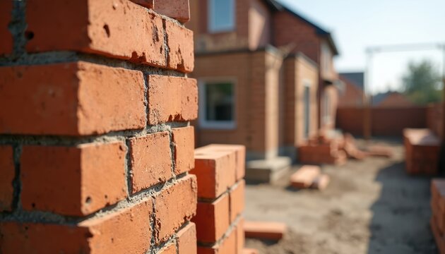 Red brick wall corner close up. House under construction with stacked bricks and unfinished exterior walls. Building site with dusty ground and windows.