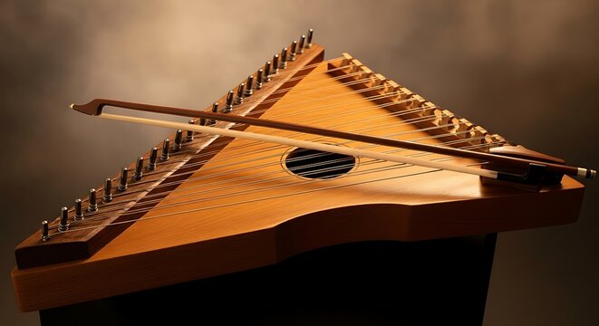 A close-up view of a traditional hammered dulcimer on display in a musical instrument store with a blurred background.