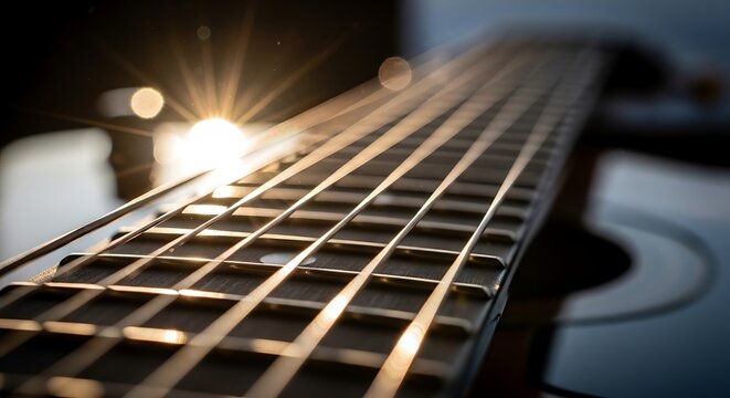 Close-up view of a guitar fretboard with strings and a bright light shining on it indoors