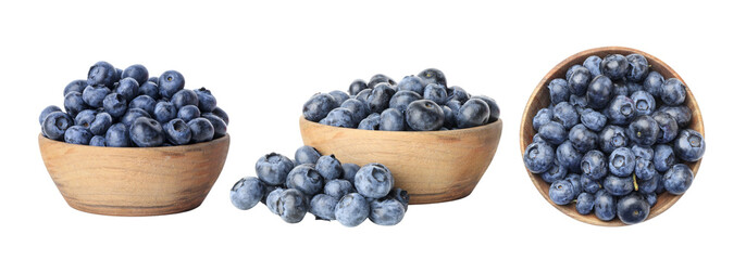 Fototapeta premium Blueberries in wooden bowls, highlighting shapes, PNG