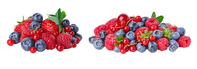 Fototapeta premium Berries arranged in groups with green leaves present, PNG