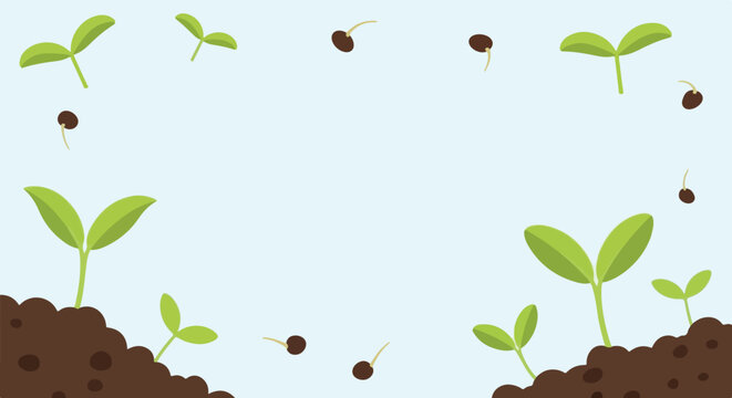This simple vector illustration features young green sprouts growing from dark soil mounds and seeds falling against a pale blue background.