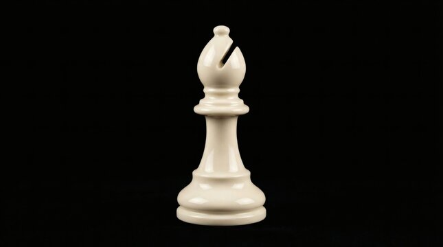White chess bishop piece standing on black background with board game