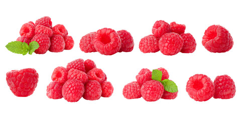 Naklejka na ściany i meble Raspberries placed in clusters with mint leaves, PNG