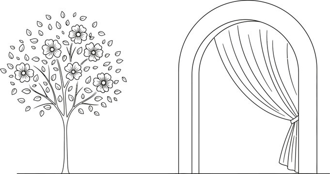Black and white line drawing of tree and archway