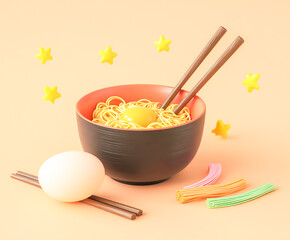 A bowl of ramen with chopsticks and star decorations, creating a whimsical and appetizing food presentation