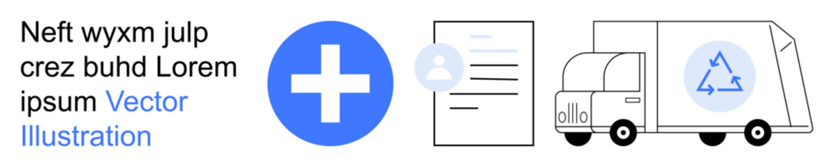 Obraz premium Healthcare, logistics, recycling, document verification, digital identity, sustainability. Blue cross icon, personal profile document recycling truck. Healthcare and logistics concept