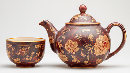 Antique brown teapot and cup with golden floral pattern isolated on white background