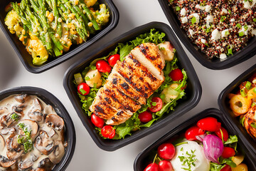 A variety of nutritious and delicious meals in containers, featuring chicken, salads, and vegetables