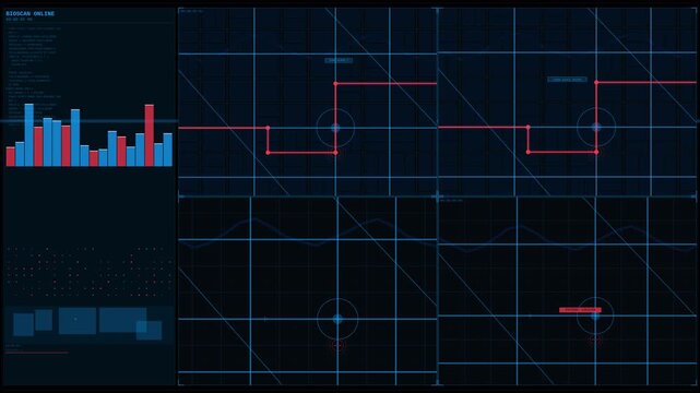 Abstract dark background with blue grid lines charts and graphs scientific data analysis futuristic technology dashboard display motion graphics.