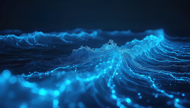 Abstract dark ocean waves with glowing blue energy patterns. Futuristic digital water surface illuminated by light particles. Science, tech, and nature fusion.
