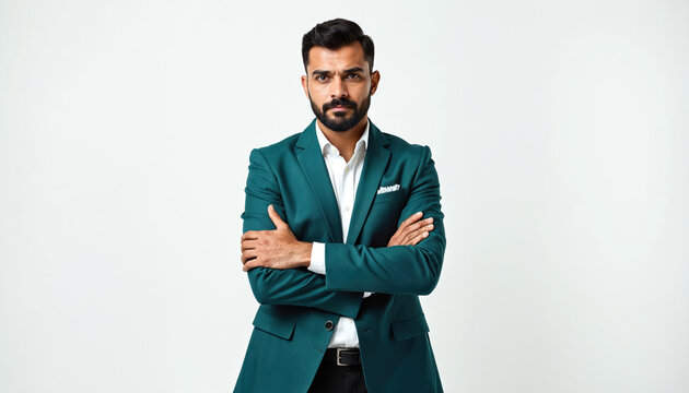 Man in teal suit arms crossed looking serious. He signals no with stern face. Pro man stands firm, asserting authority, conveying disapproval or firm decision. White background.