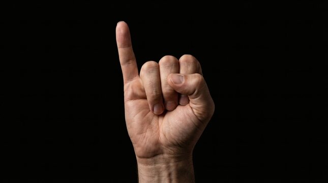 Hand showing the letter i in sign language against a black background