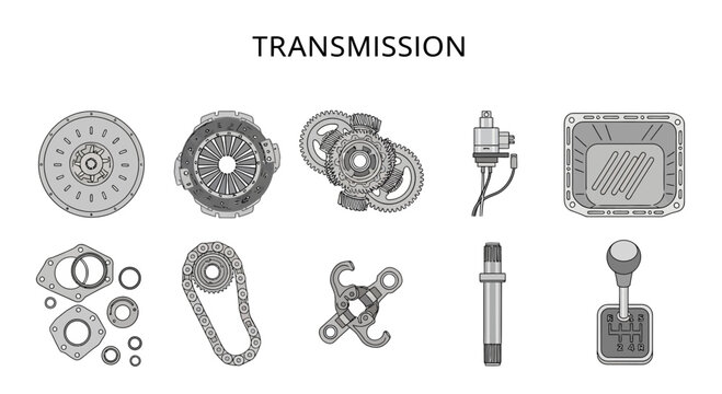 Diagram of automotive transmission components in two rows