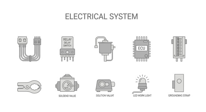 A grid of ten black and gray icons representing electrical system components