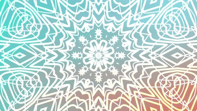White floral kaleidoscope pattern with teal to peach gradient. Suitable for backgrounds, prints, and various design projects.