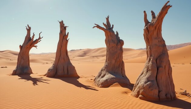 Four ancient petrified trees stand in vast sand dunes of Namib desert under bright clear blue sky. Dead, fossilized trunks show weathered wood texture from long geologic erosion. Arid, dry, barren