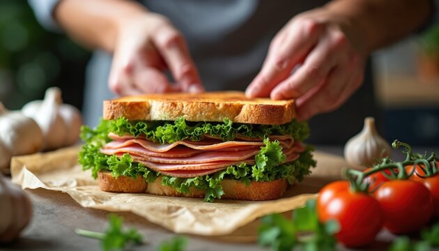Chef prepares toasted sandwich with ham lettuce and tomato on parchment paper. Ingredients like garlic and fresh herbs surround delicious meal.