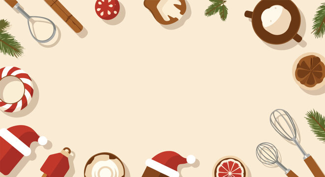 Festive Christmas vector background with baking tools, winter treats, and holiday decorations framing a central blank area for text.