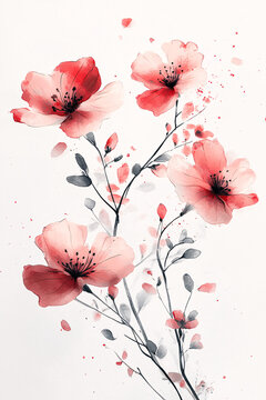 Delicate red and grey watercolor flowers on white paper