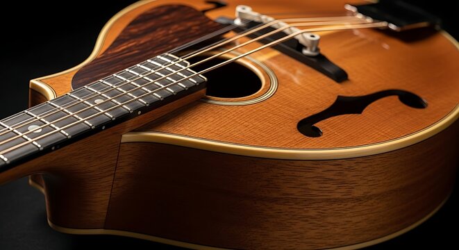 A close-up view of an acoustic guitar lying on a dark surface with its strings and frets prominently displayed.