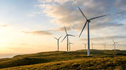 Fototapeta premium Wind Turbines on Green Hills at Sunset, Coastal Wind Farm for Renewable Energy