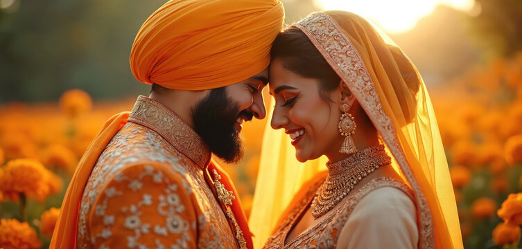 Sikh couple smiles in orange and ivory wedding attire. They embrace tenderly amidst a field of vibrant marigolds, celebrating their union. Groom wears turban, bride has traditional veil and jewelry.