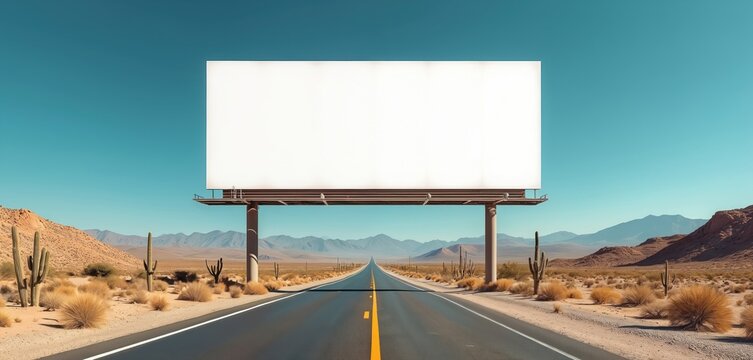 Empty billboard stands on straight desert highway edge. Cacti and dry brush dot arid landscape under bright sun. Road leads to distant mountains, perfect for ads.
