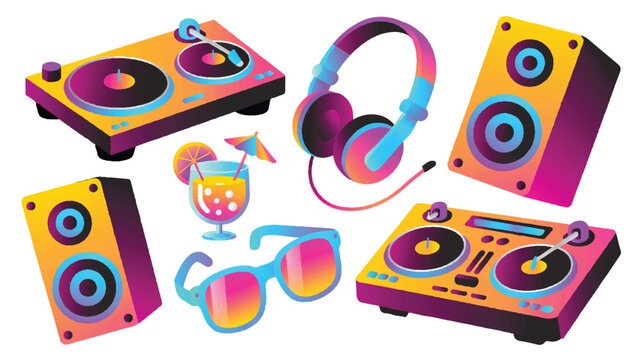 Summer party essentials with dj gear and tropical drink with dj equipment with pop art with hot weather with dj set with record player