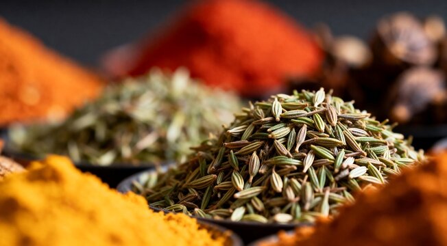 Assorted colorful Indian spices and herbs, macro focus on cumin seeds