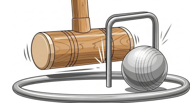 A vector graphic illustration of a croquet mallet and ball in play