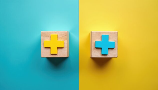 Two wooden blocks with plus signs represent pros and cons on colorful background. One block is yellow, other is blue. Choice, decision, or comparison concept.