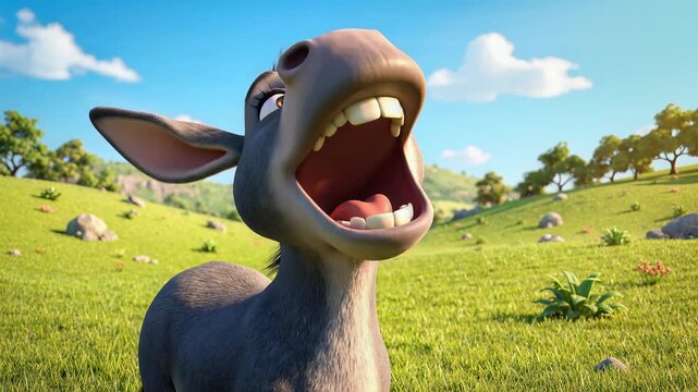 Funny Cartoon Donkey Smiling on a Sunny Green Hillside
