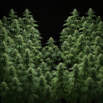a garden of cannabis plants against a black background.