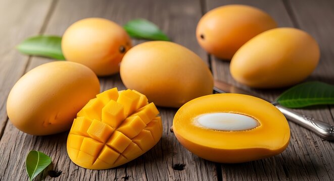 Fresh ripe mangoes on a rustic wooden table with sliced and cubed fruit pieces. ataulfo mango