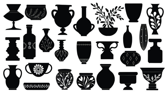 Assorted antique ceramic and stoneware vases and jugs in monochrome illustration