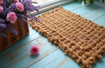 Fototapeta premium Natural coir mat on light blue painted wooden floor. Woven mat features fringe detail. Floral arrangement in basket adds welcoming, cozy home feel. Simple, clean aesthetic.