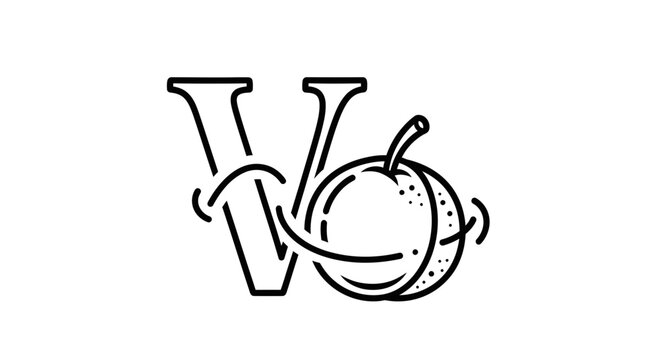 Stylized monochrome V and O lettermark logo design featuring a fresh fruit illustration concept