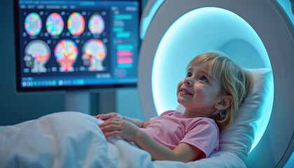 Young child lies in MRI machine, looking curious. Medical scan of brain performed with modern tech. Hospital bed, bright blue light, screen displays scans.