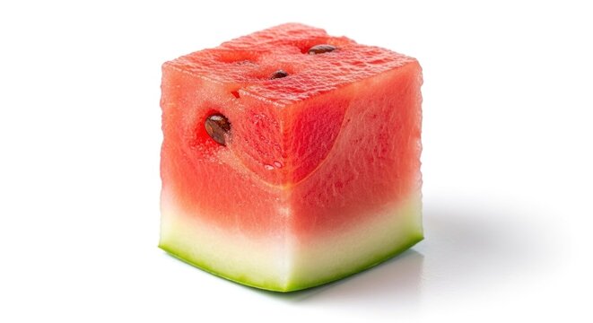 Fresh watermelon cube on white background.