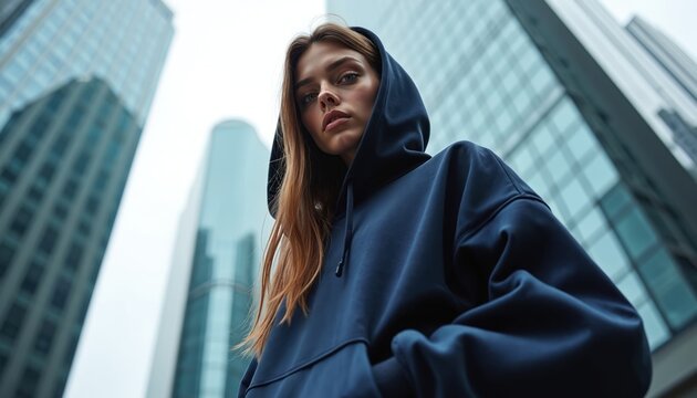 Young woman in dark blue hoodie stands outdoor near tall glass buildings. She looks at camera, her face is serious. Urban city street fashion style.