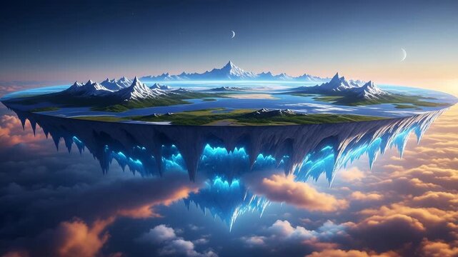Floating Flat Earth Disk with Icy Edge in Dark Clouds