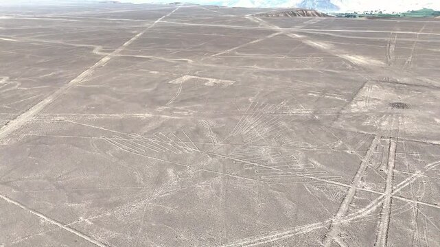 Panoramic view of the ancient Nazca Lines in the Peruvian desert. UNESCO World Heritage archaeological site and geoglyphs.
