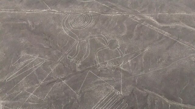 The Monkey geoglyph in the Nazca Lines, Peru. Ancient archaeological site and UNESCO World Heritage in the desert.