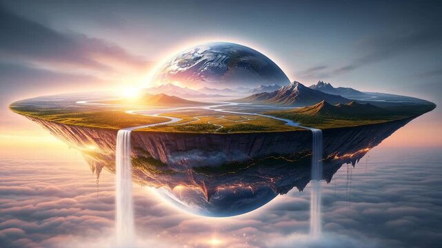 Majestic Waterfall Cascading from Floating Flat Earth Island Edge
