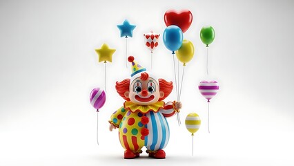 Naklejka premium Colorful clown holding bunch of vibrant balloons on strings smiling