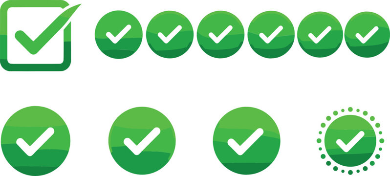 Green Checkmark Icon Set Featuring Various Styles Including Circle, Square, and Dotted Border Designs for Web and App User Interfaces